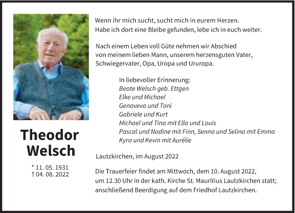  Traueranzeige für Theodor Welsch vom 06.08.2022 aus saarbruecker_zeitung