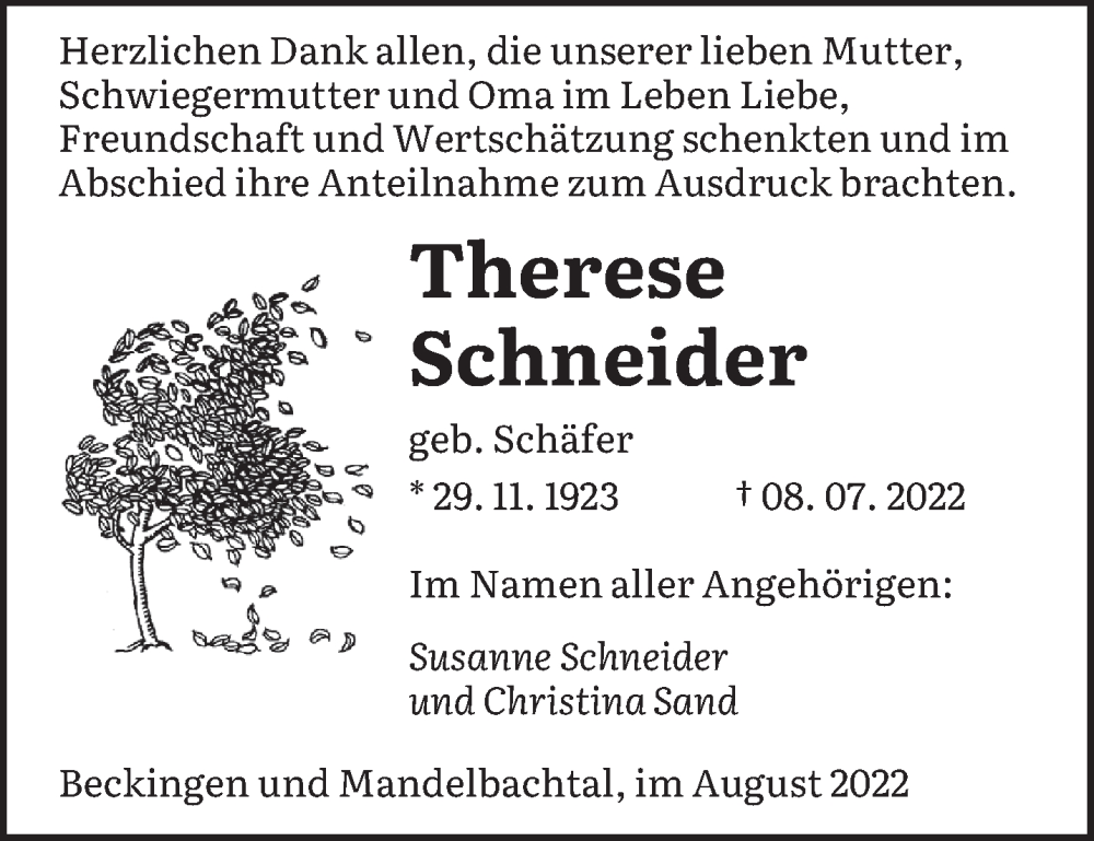  Traueranzeige für Therese Schneider vom 06.08.2022 aus saarbruecker_zeitung