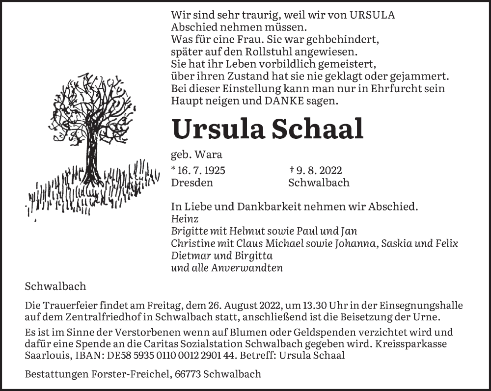  Traueranzeige für Ursula Schaal vom 20.08.2022 aus saarbruecker_zeitung