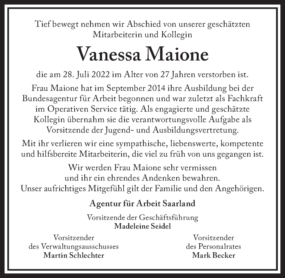  Traueranzeige für Vanessa Maione vom 08.08.2022 aus saarbruecker_zeitung