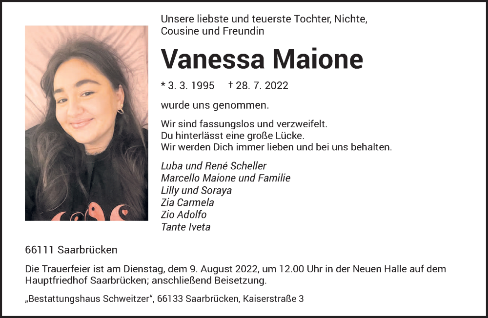  Traueranzeige für Vanessa Maione vom 06.08.2022 aus saarbruecker_zeitung