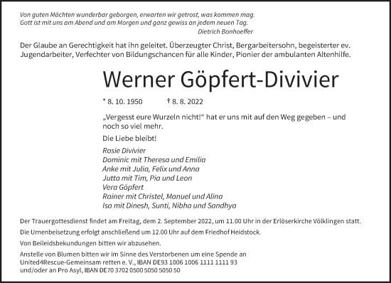 Traueranzeige von Werner Göpfert-Divivier von saarbruecker_zeitung