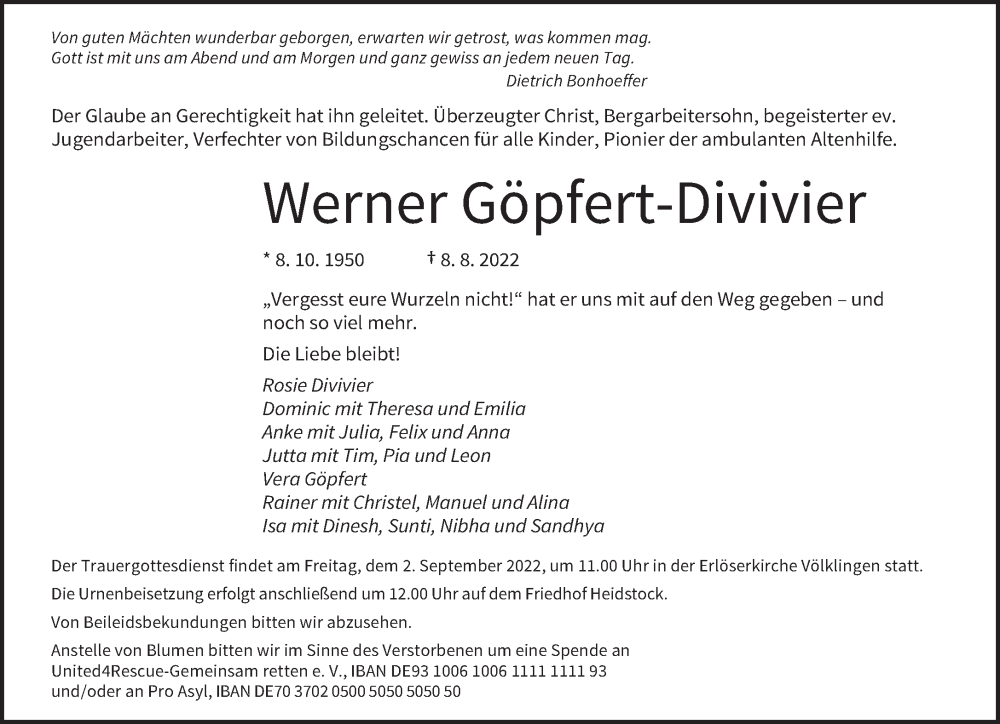  Traueranzeige für Werner Göpfert-Divivier vom 27.08.2022 aus saarbruecker_zeitung