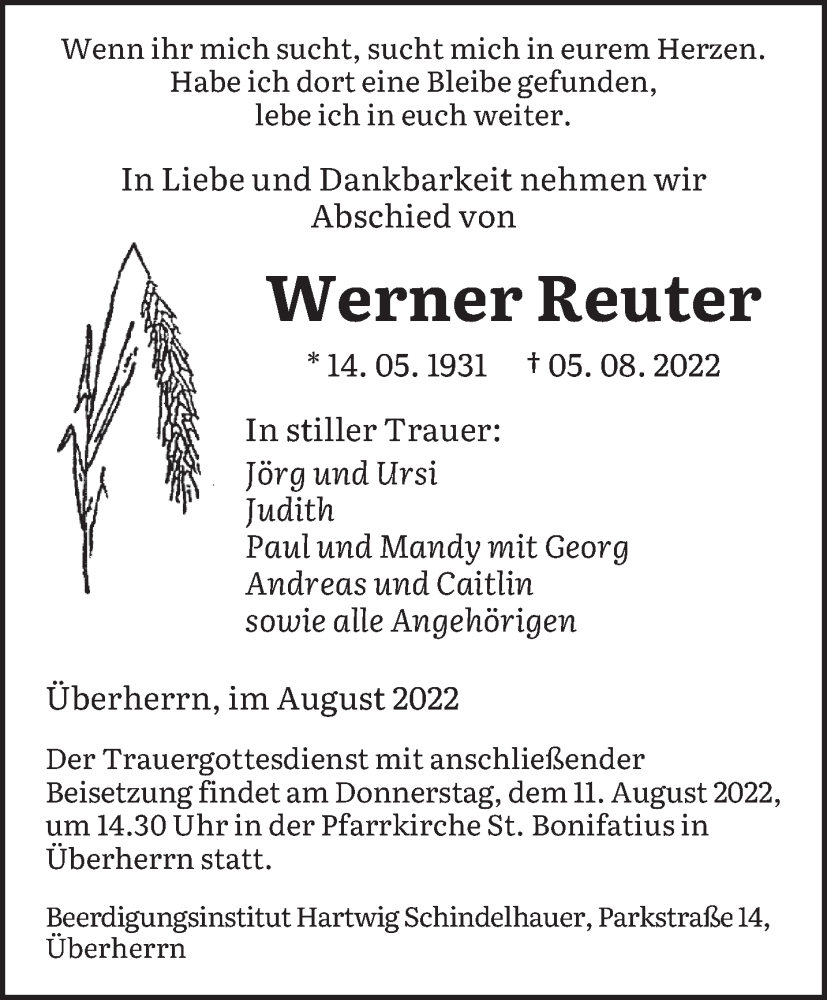  Traueranzeige für Werner Reuter vom 08.08.2022 aus saarbruecker_zeitung