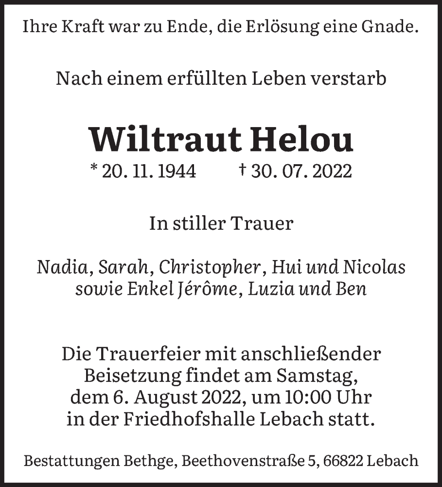 Traueranzeige für Wiltraut Helou vom 03.08.2022 aus saarbruecker_zeitung