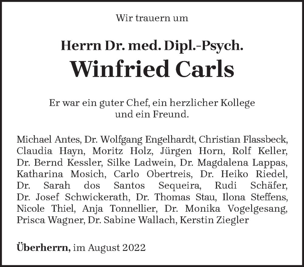  Traueranzeige für Winfried Carls vom 13.08.2022 aus saarbruecker_zeitung