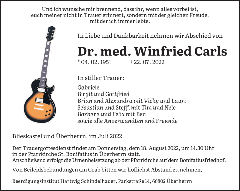  Traueranzeige für Winfried Carls vom 13.08.2022 aus saarbruecker_zeitung