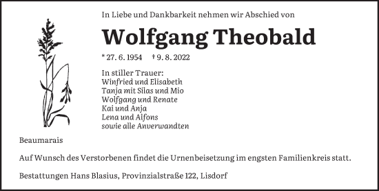 Traueranzeige von Wolfgang Theobald von saarbruecker_zeitung