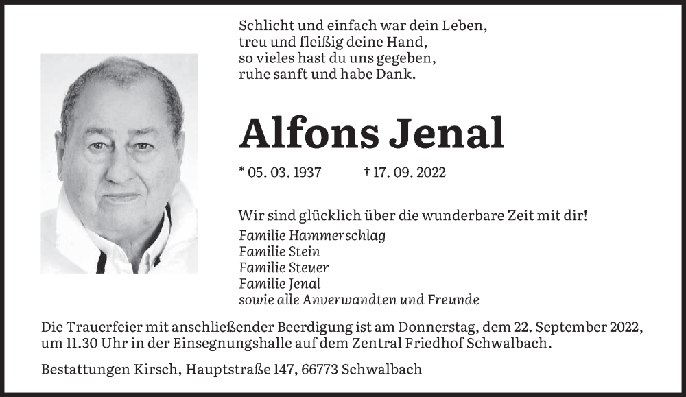  Traueranzeige für Alfons Jenal vom 21.09.2022 aus saarbruecker_zeitung