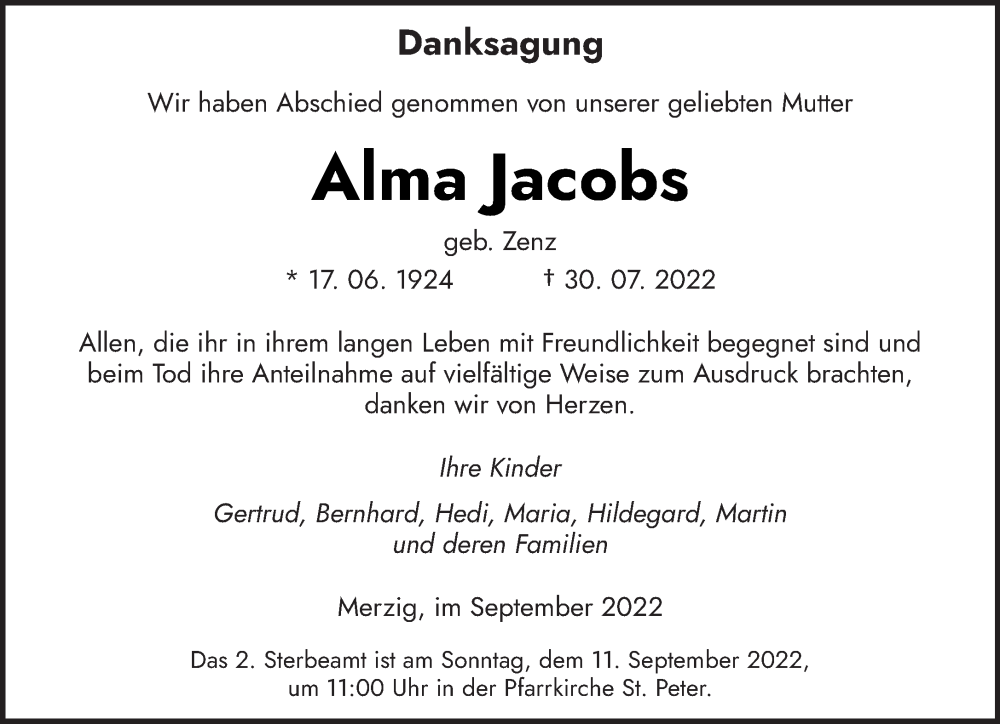  Traueranzeige für Alma Jacobs vom 03.09.2022 aus saarbruecker_zeitung