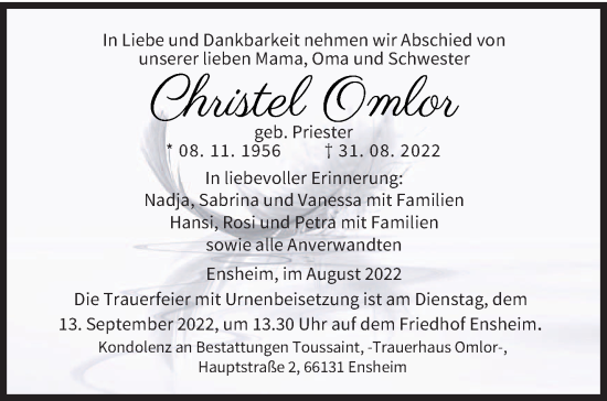 Traueranzeige von Christel Omlor von saarbruecker_zeitung