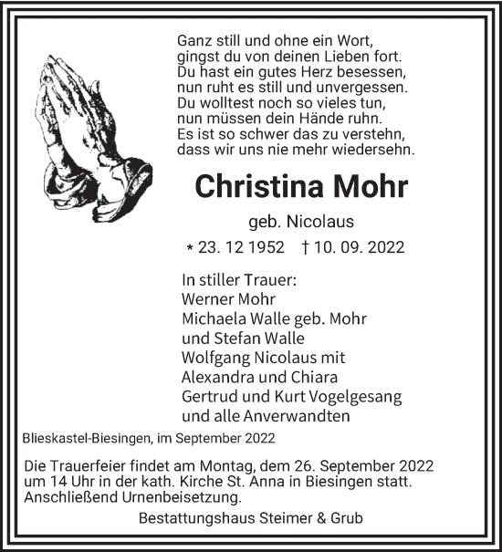 Traueranzeige von Christina Mohr von saarbruecker_zeitung