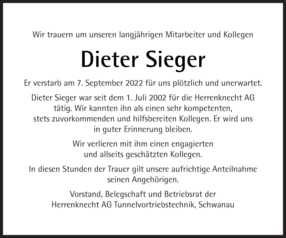  Traueranzeige für Dieter Sieger vom 16.09.2022 aus saarbruecker_zeitung