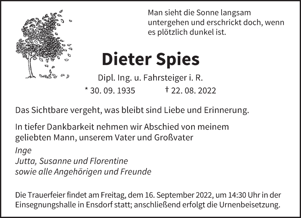  Traueranzeige für Dieter Spies vom 10.09.2022 aus saarbruecker_zeitung