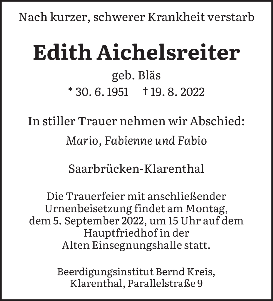  Traueranzeige für Edith Aichelsreiter vom 03.09.2022 aus saarbruecker_zeitung