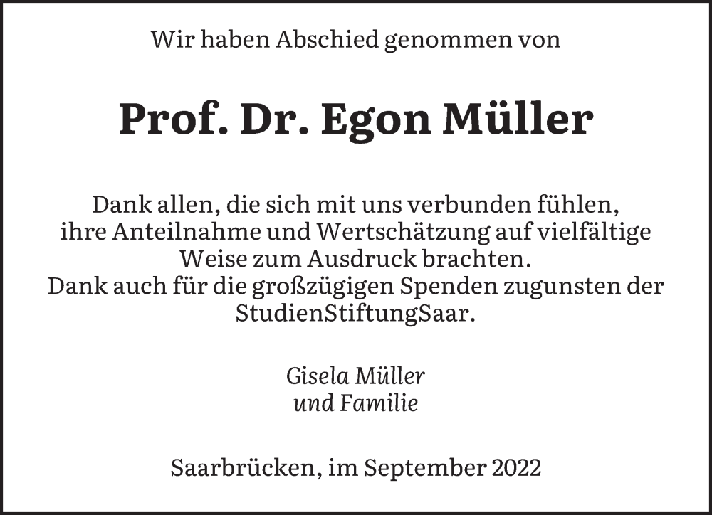  Traueranzeige für Egon Müller vom 17.09.2022 aus saarbruecker_zeitung