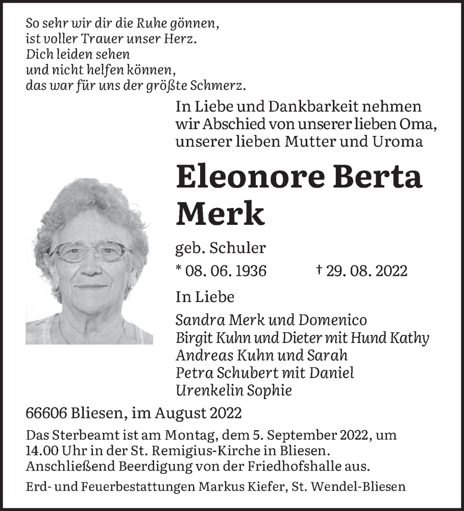  Traueranzeige für Eleonore Berta Merk vom 03.09.2022 aus saarbruecker_zeitung