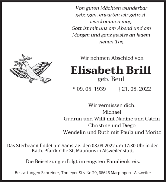 Traueranzeige von Elisabeth Brill von saarbruecker_zeitung