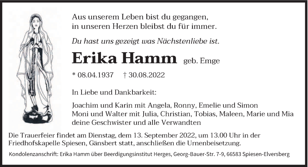  Traueranzeige für Erika Hamm vom 10.09.2022 aus saarbruecker_zeitung