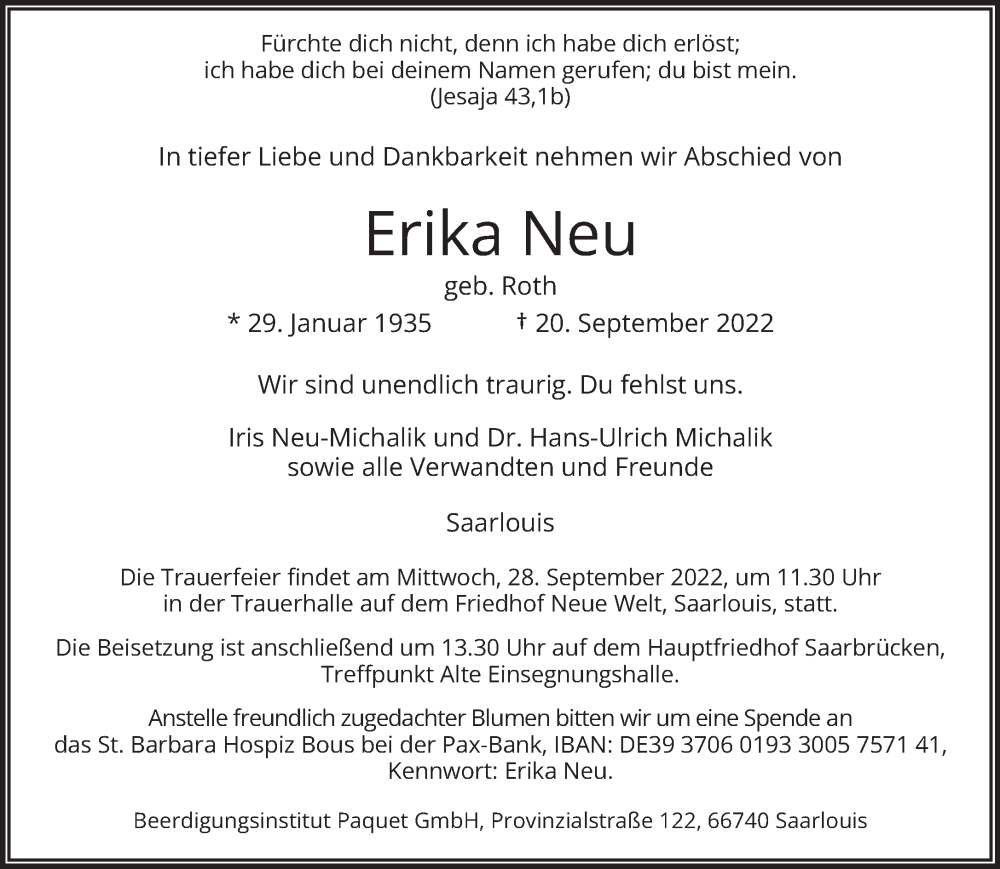 Traueranzeige für Erika Neu vom 24.09.2022 aus saarbruecker_zeitung