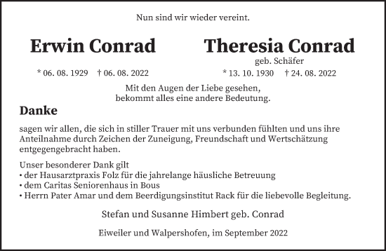 Traueranzeige von Erwin und Theresia Conrad von saarbruecker_zeitung