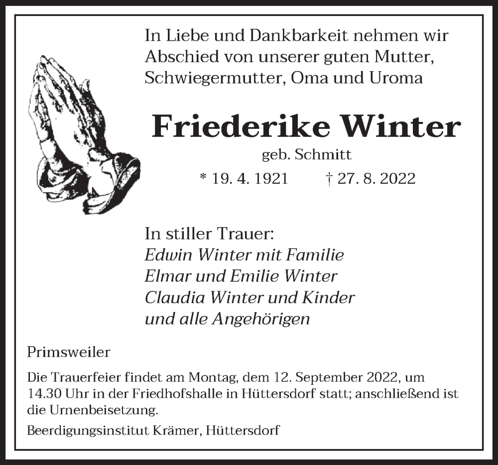  Traueranzeige für Friederike Winter vom 10.09.2022 aus saarbruecker_zeitung