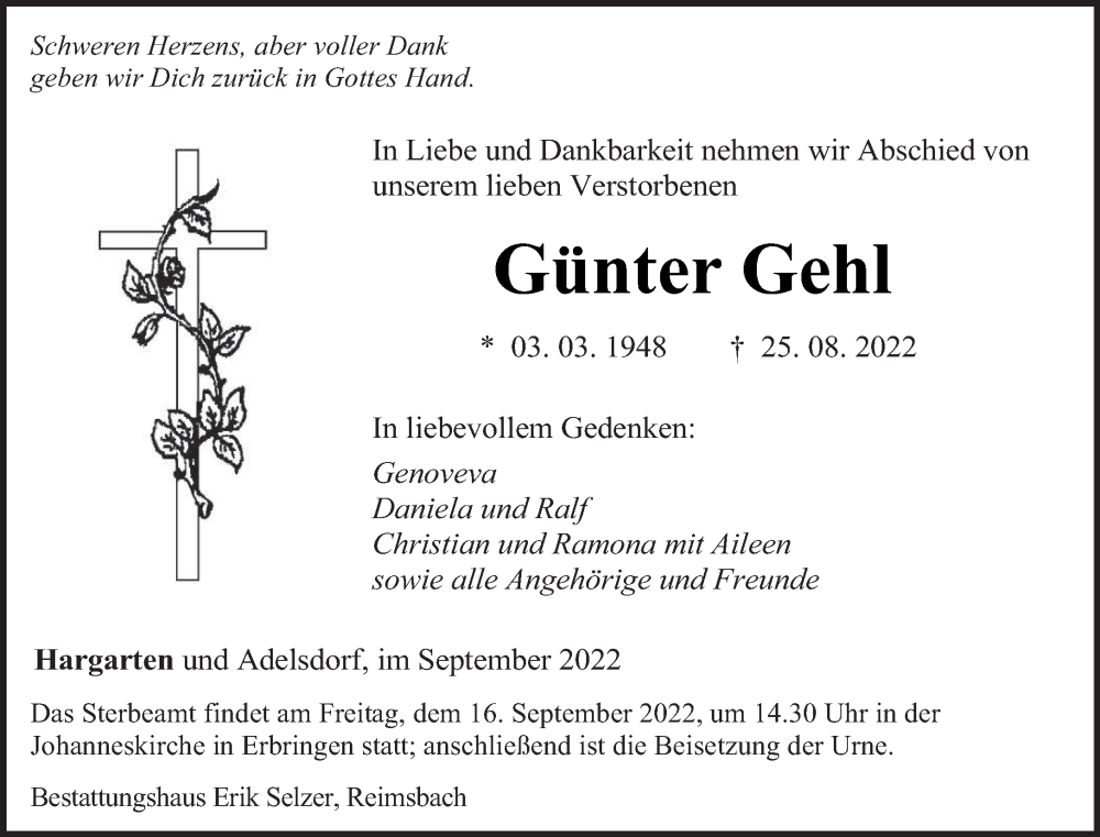  Traueranzeige für Günter Gehl vom 10.09.2022 aus saarbruecker_zeitung