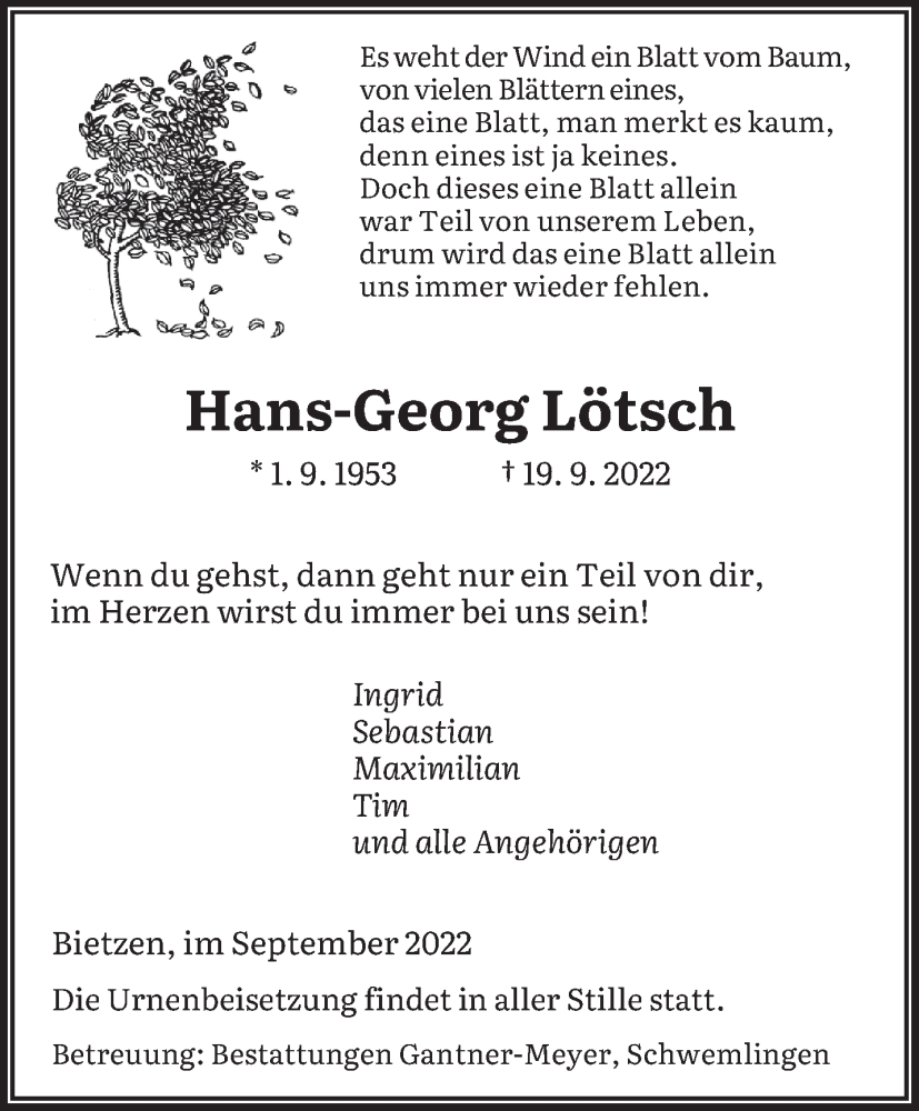  Traueranzeige für Hans-Georg Lötsch vom 23.09.2022 aus saarbruecker_zeitung