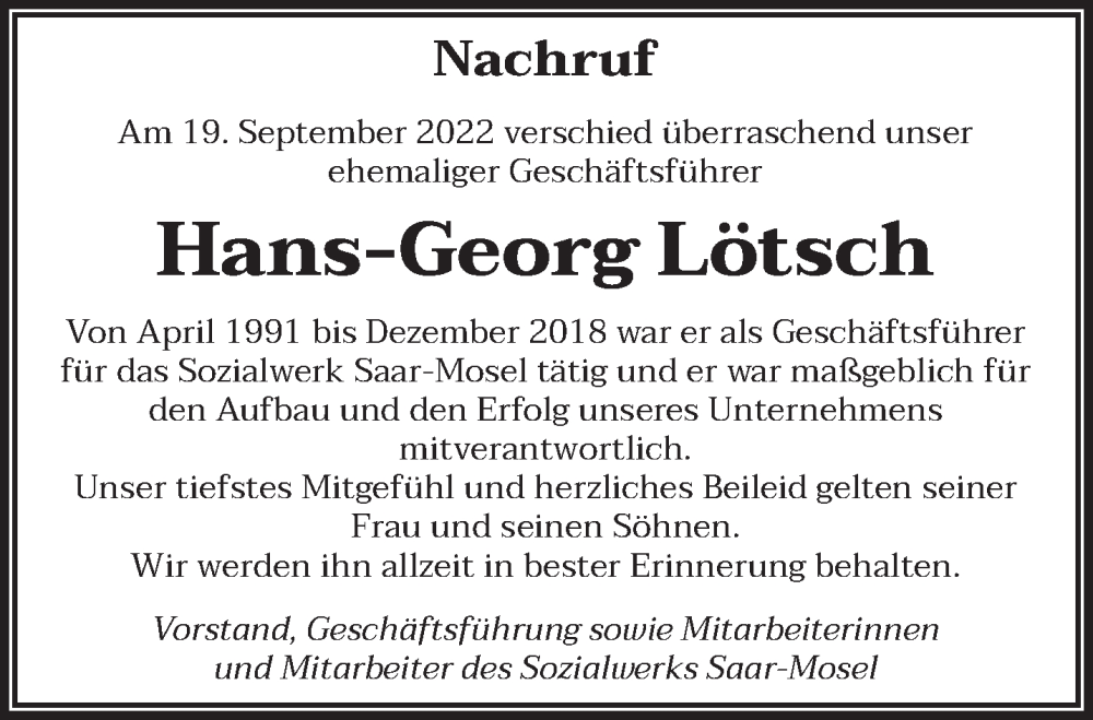  Traueranzeige für Hans-Georg Lötsch vom 27.09.2022 aus saarbruecker_zeitung