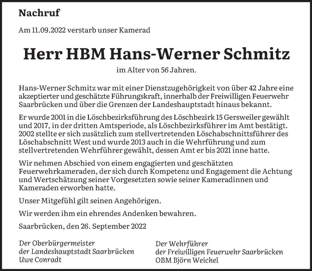  Traueranzeige für Hans-Werner Schmitz vom 28.09.2022 aus saarbruecker_zeitung