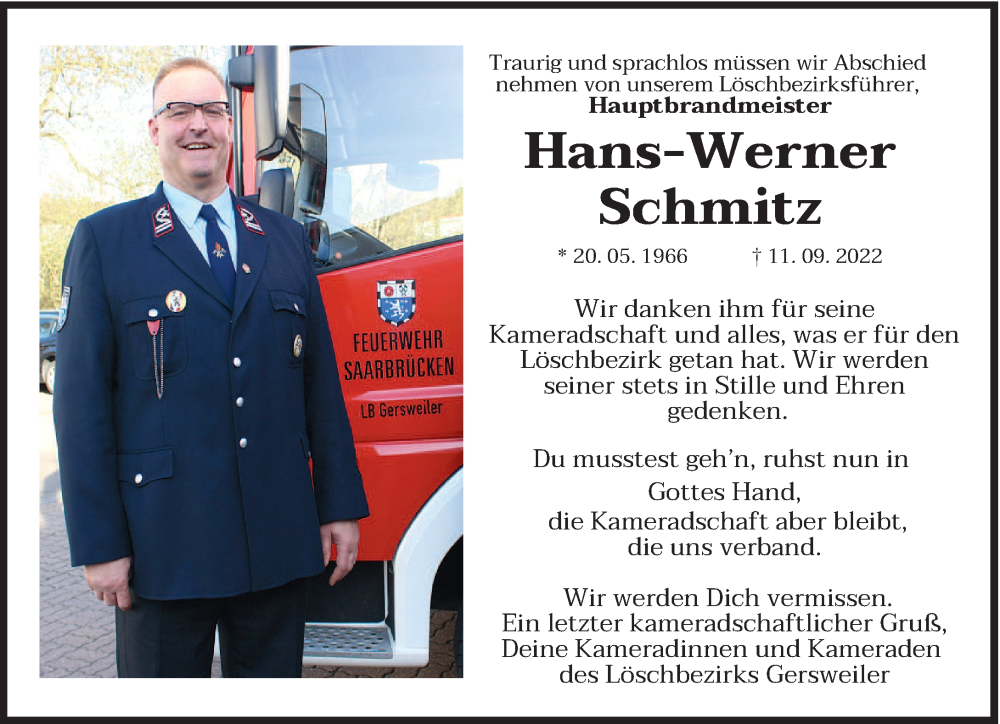  Traueranzeige für Hans-Werner Schmitz vom 17.09.2022 aus saarbruecker_zeitung