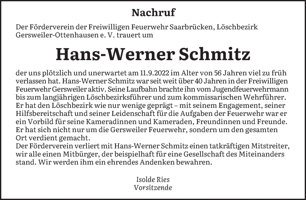  Traueranzeige für Hans-Werner Schmitz vom 14.09.2022 aus saarbruecker_zeitung