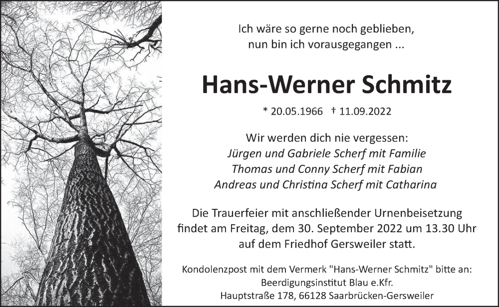  Traueranzeige für Hans-Werner Schmitz vom 17.09.2022 aus saarbruecker_zeitung