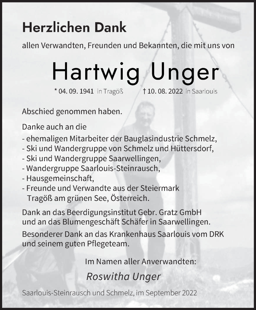  Traueranzeige für Hartwig Unger vom 03.09.2022 aus saarbruecker_zeitung