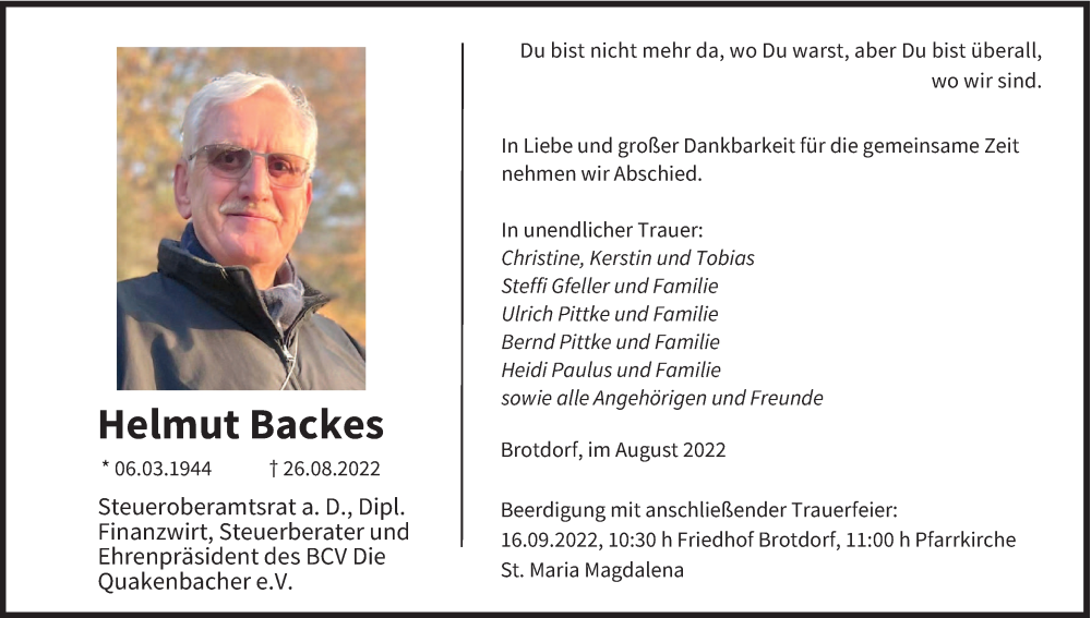  Traueranzeige für Helmut Backes vom 03.09.2022 aus saarbruecker_zeitung