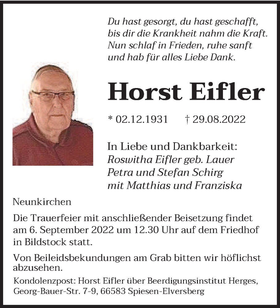  Traueranzeige für Horst Eifler vom 03.09.2022 aus saarbruecker_zeitung
