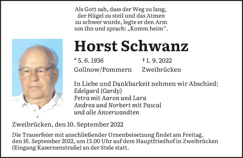  Traueranzeige für Horst Schwanz vom 10.09.2022 aus saarbruecker_zeitung