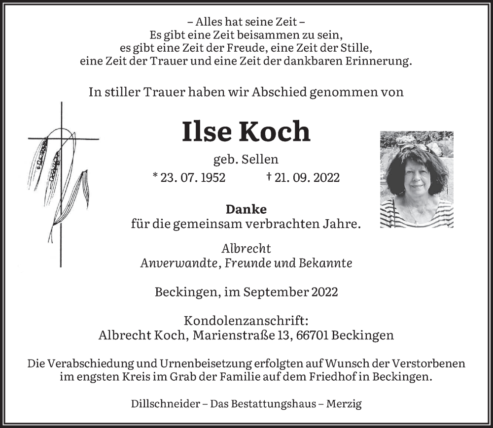  Traueranzeige für Ilse Koch vom 29.09.2022 aus saarbruecker_zeitung