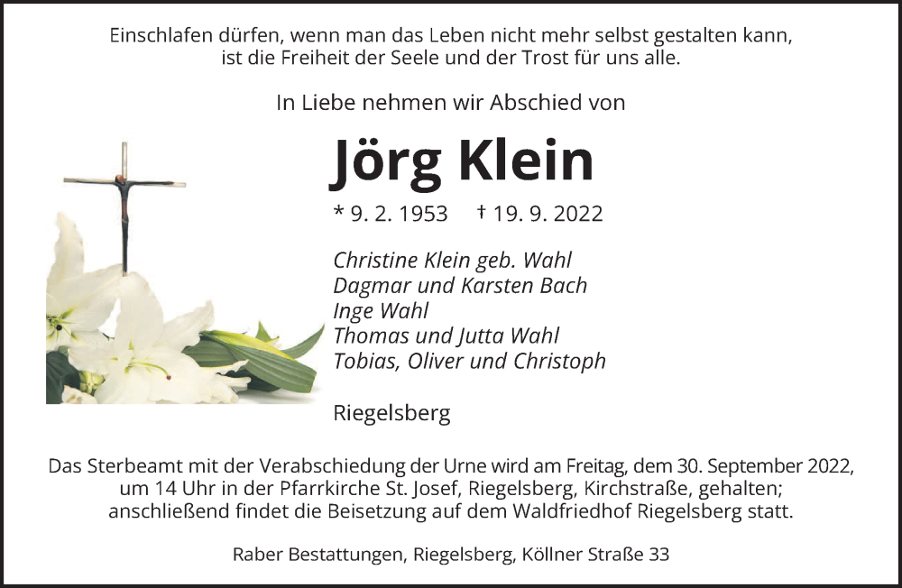 Traueranzeige für Jörg Klein vom 24.09.2022 aus saarbruecker_zeitung