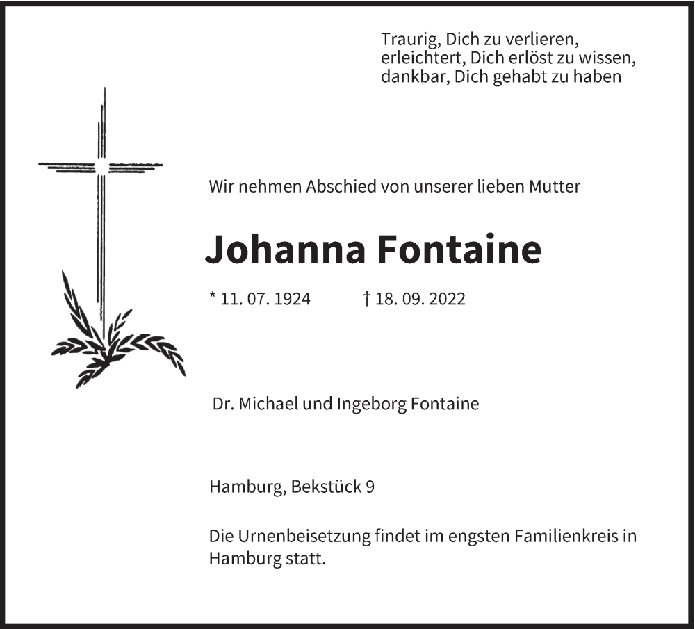  Traueranzeige für Johanna Fontaine vom 20.09.2022 aus saarbruecker_zeitung