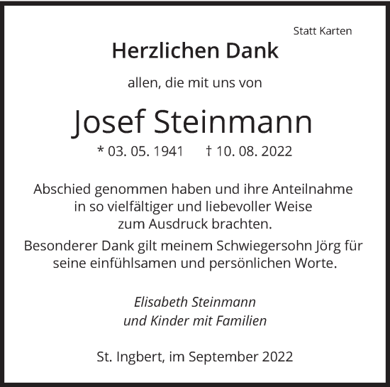 Traueranzeige von Josef Steinmann von saarbruecker_zeitung