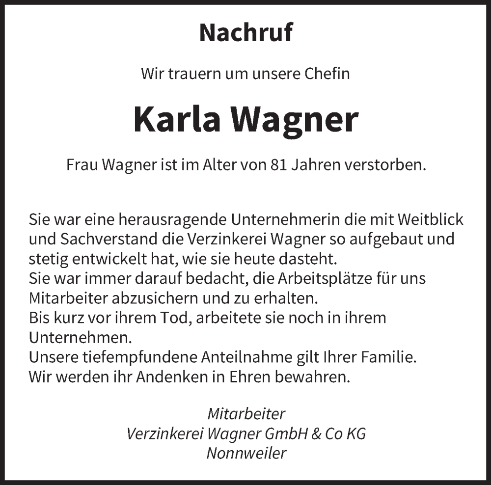  Traueranzeige für Karla Wagner vom 24.09.2022 aus saarbruecker_zeitung