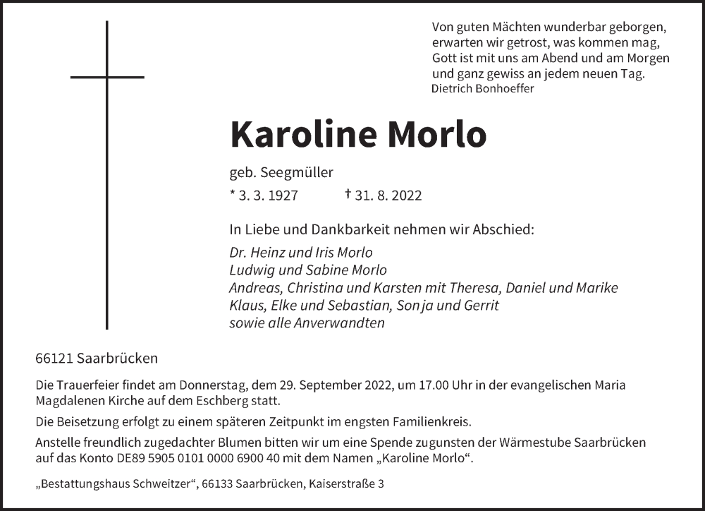  Traueranzeige für Karoline Morlo vom 24.09.2022 aus saarbruecker_zeitung