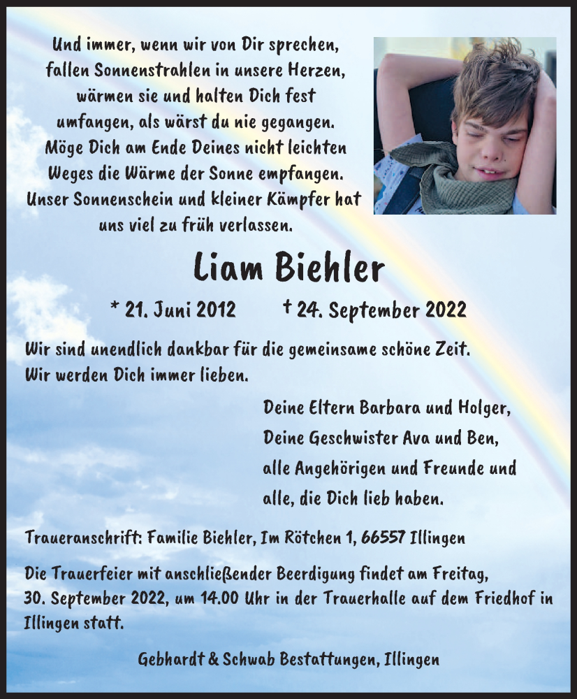 Traueranzeigen Von Liam Biehler | Saarbruecker-Zeitung.Trauer.de