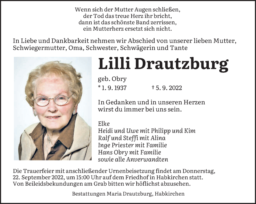  Traueranzeige für Lilli Drautzburg vom 10.09.2022 aus saarbruecker_zeitung