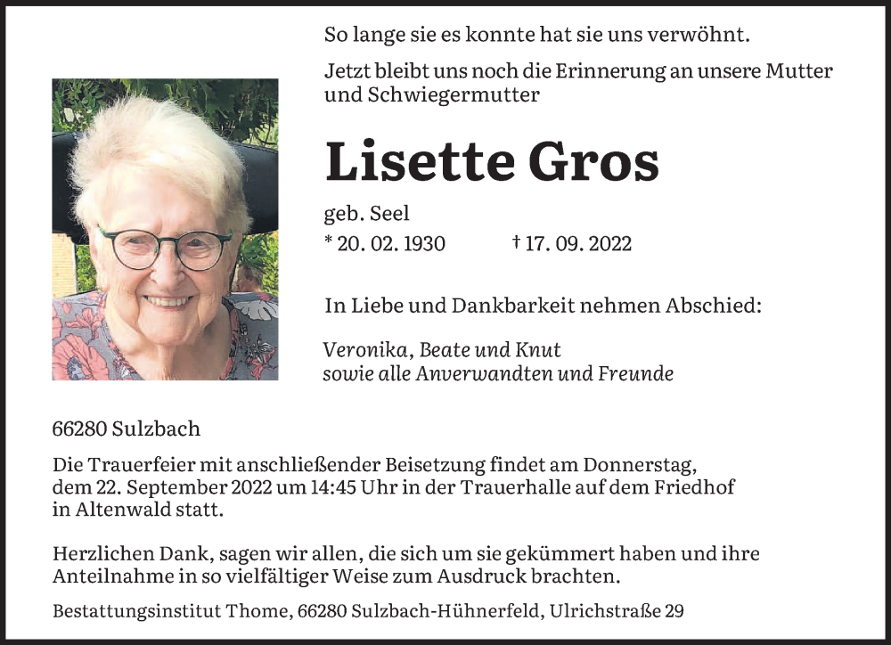  Traueranzeige für Lisette Gros vom 21.09.2022 aus saarbruecker_zeitung