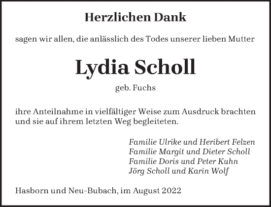 Traueranzeige von Lydia Scholl von saarbruecker_zeitung