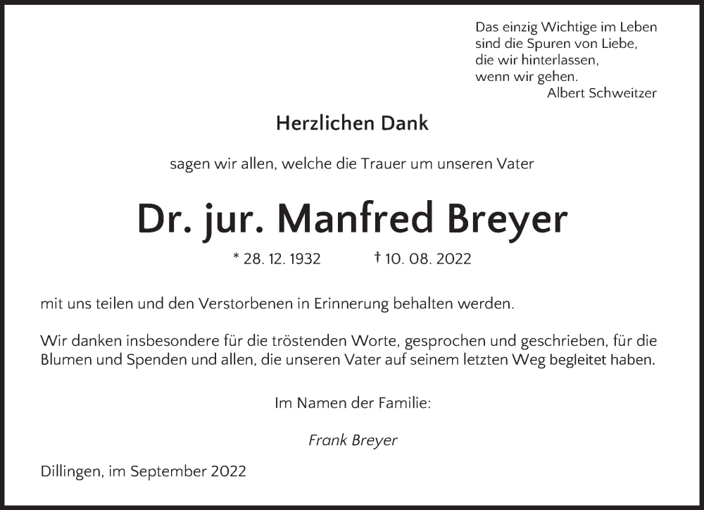  Traueranzeige für Manfred Breyer vom 17.09.2022 aus saarbruecker_zeitung