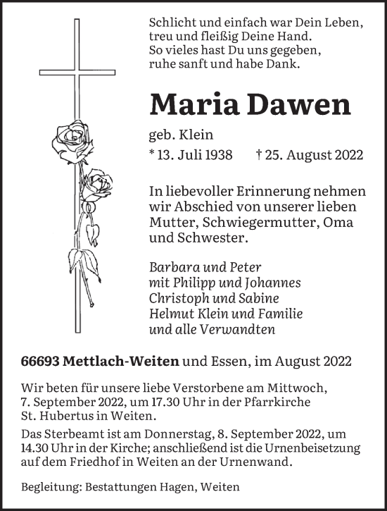 Traueranzeige von Maria Dawen von saarbruecker_zeitung