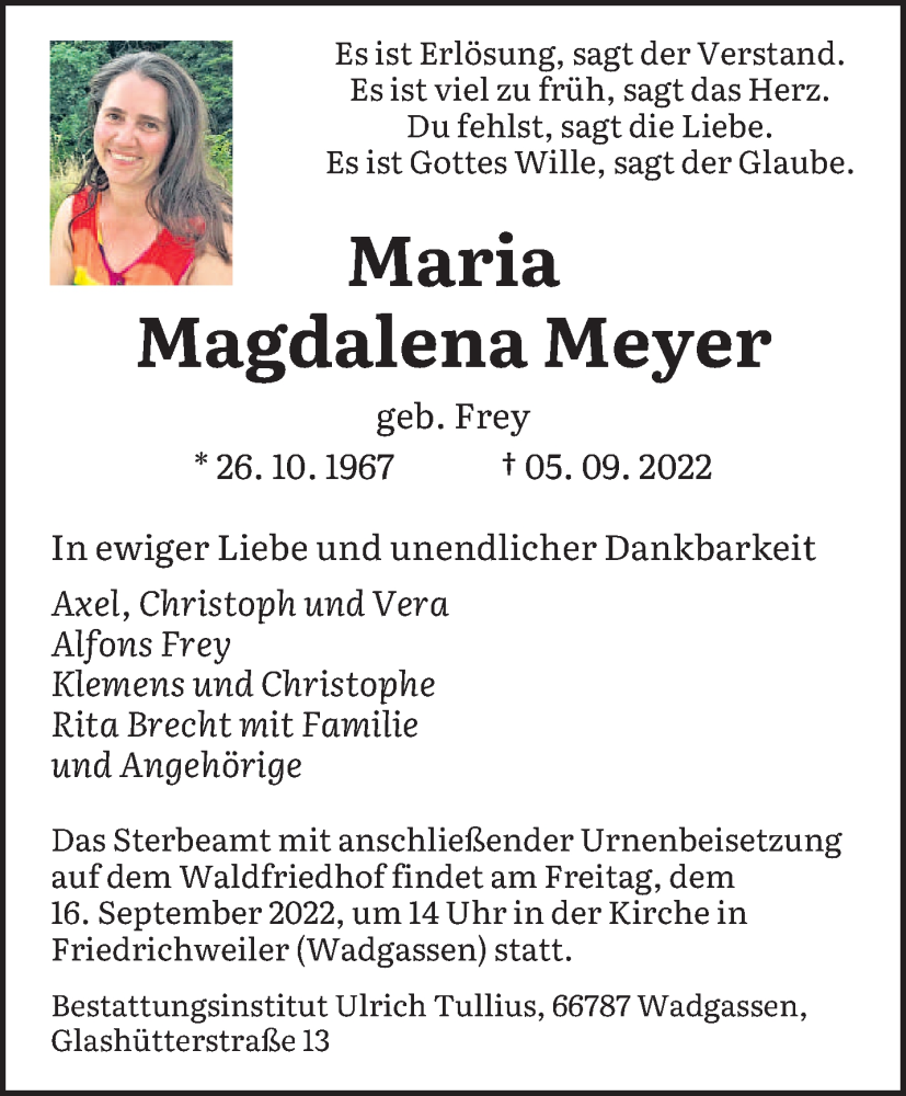  Traueranzeige für Maria Magdalena Meyer vom 10.09.2022 aus saarbruecker_zeitung